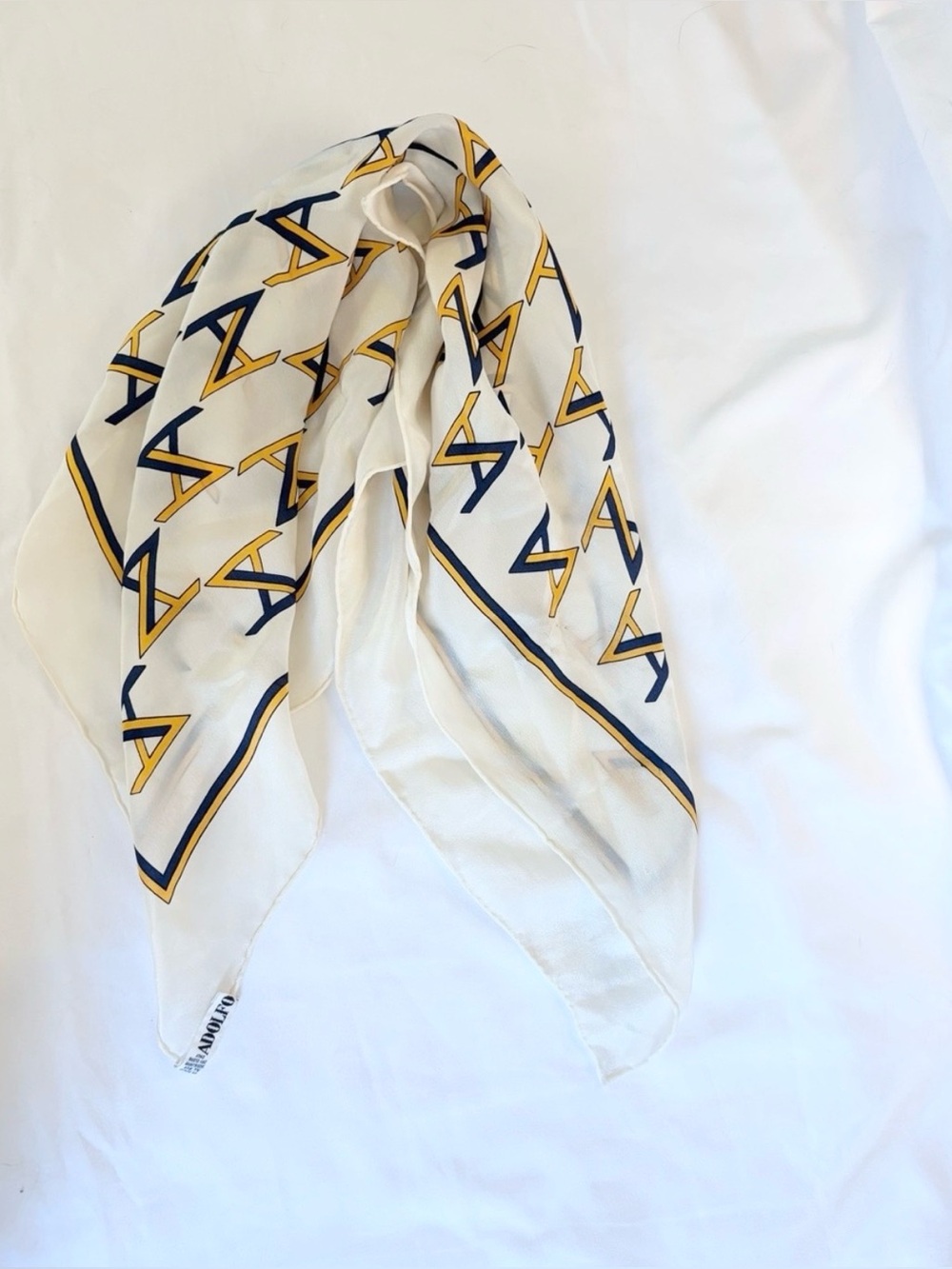 Adolfo Cream vintage monogram silk Scarf with Navy and Gold Border